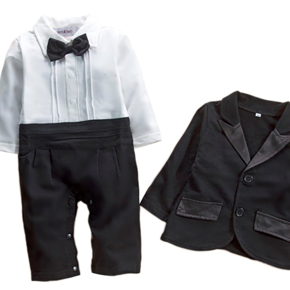 Black & White Tuxedo Cotton Romper & Jacket 2pcs Boy Outfit